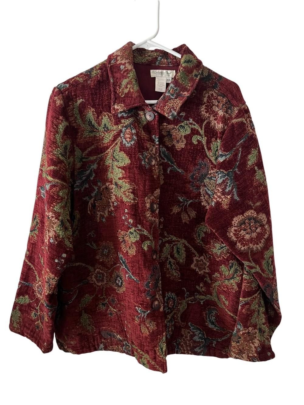 Coldwater Creek SzXL Burgundy Floral Button-Front Tapestry Jacket